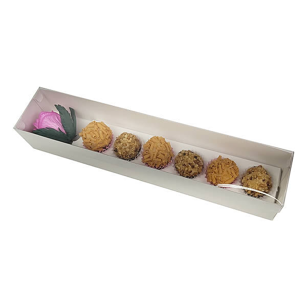 Caixa de Acetato TRP-328 (30.8x6x5 cm) (25un) Caixa Branca para 6 Doces Brigadeiro e 1 Rosa