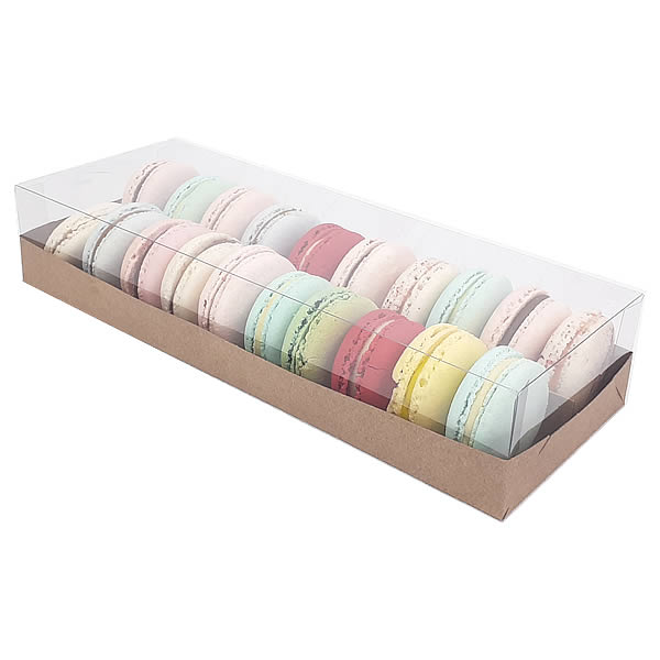 Caixa de Acetato KRP-324 Kraft (27x10x5 cm) (25un) Caixa para 20 Macaron Embalagem de Plástico e Papel