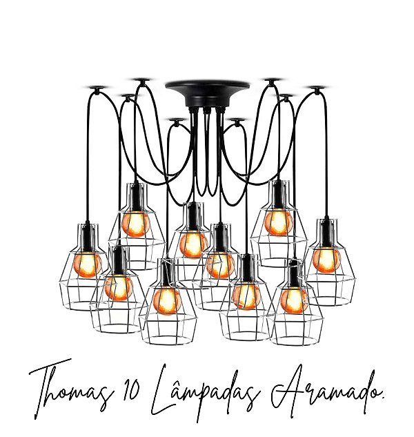 Lustre Para 10 Lâmpadas Pendente Preto com Aramado  - Thomas Edison