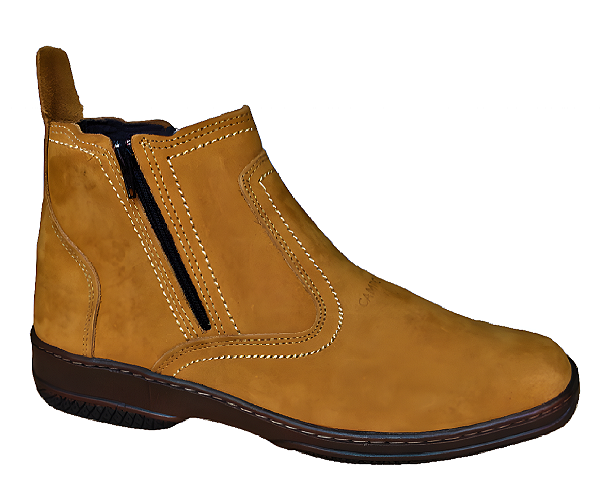 Bota Masculina Casual Cor Amarelo Castor Com Ziper Fecho Couro Legitimo Original Botina Solado Borracha Costurado Botinha Country Resistente Forte Referencia 2520 Marca Campolina
