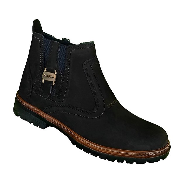 Bota Masculina Casual Estilo Coturno Sem Cadarço Em Couro Nobuck Legitimo Original Cor Preto Preta Solado Borracha Latex Costurado Botina Para Trilha Mato Fazenda Sitio Dia a Dia Cidade Botinha Forrada Confortavel Referencia 1080 Marca Campoli