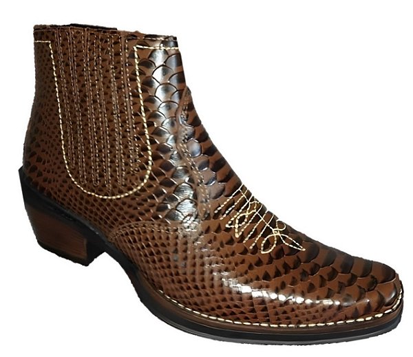 Bota Country Cowboy Vaquejada Cavalgada Masculina Cor Marrom Anaconda Couro Boi Vaca Legitimo Original Solado Borracha Costurado Botinha Social Marca Campolina