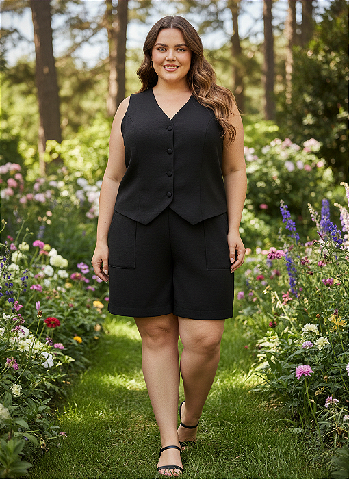 Conjunto Feminino Alfaiataria Verão – Colete Sem Manga com Botões + Short