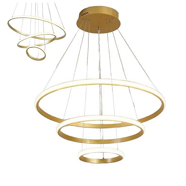 Luminaria Lustre 3 em 1 Aneis Arco Perfil Infinito Led Pendente Ajustavel Regulavel Decoraçao Sala Quarto Recepçao