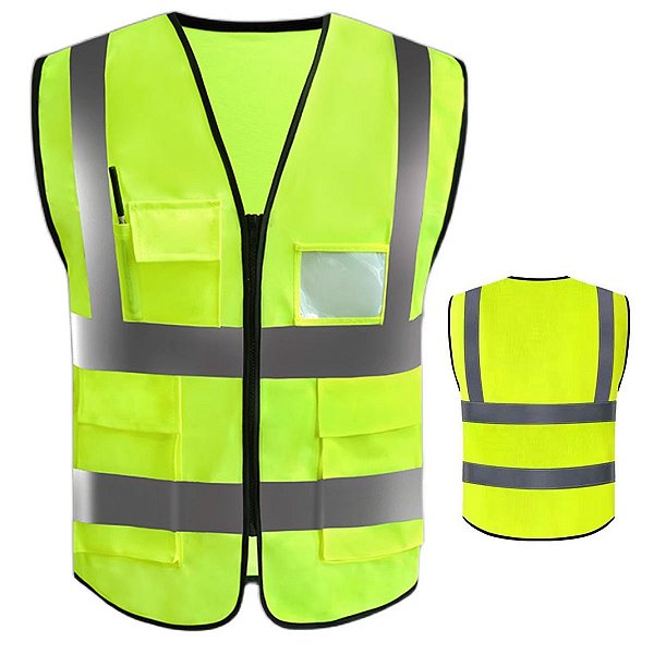 Colete Sinalizador EPI Faixa Refletiva Blusao Ziper Segurança do Trabalho Construçao Civil Obra Estrada Rodovia Operario