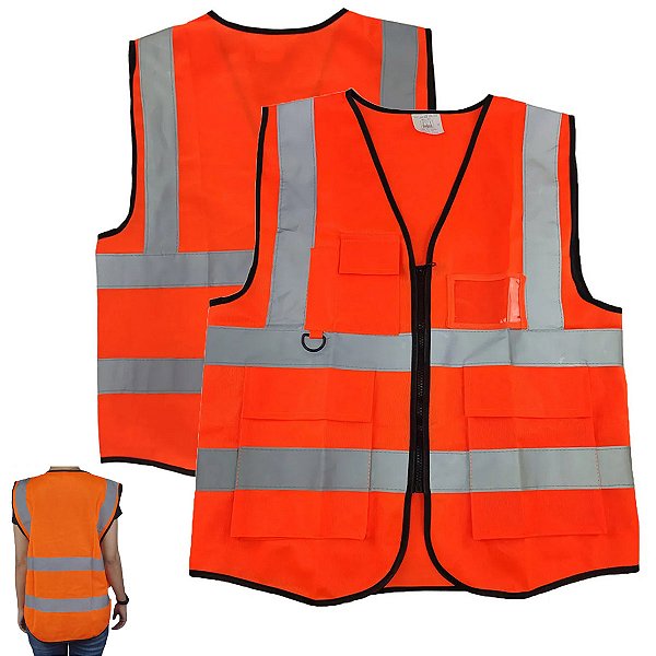 Colete Sinalizador Faixa Refletivo EPI Blusao Fluorescente Segurança do Trabalho Obra Construçao Ziper Bolsos