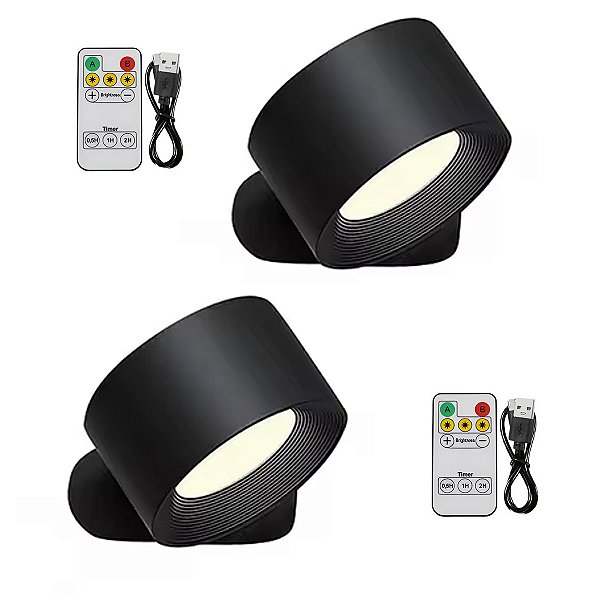 Luminaria Arandela LED 3 Tons Kit 2 uni USB Bateria Recarregavel Controle Mesa Cabeceira Quarto Iluminaçao