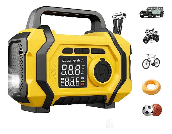 Compressor Ar Auxiliar Partida Chupeta Carro Pneu Motor Bicicleta Luz Led Carregador Portatil Multiuso Automotivo