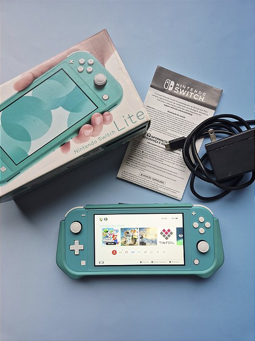Nintendo Switch Lite Azul Completo 128Gb Lotado de Jogos