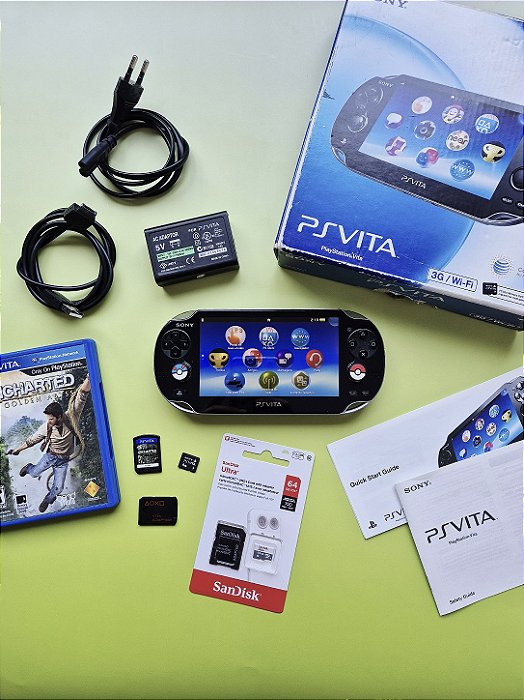 PS Vita OLED Preto 64GB Completo na Caixa + Uncharted: Golden Abyss