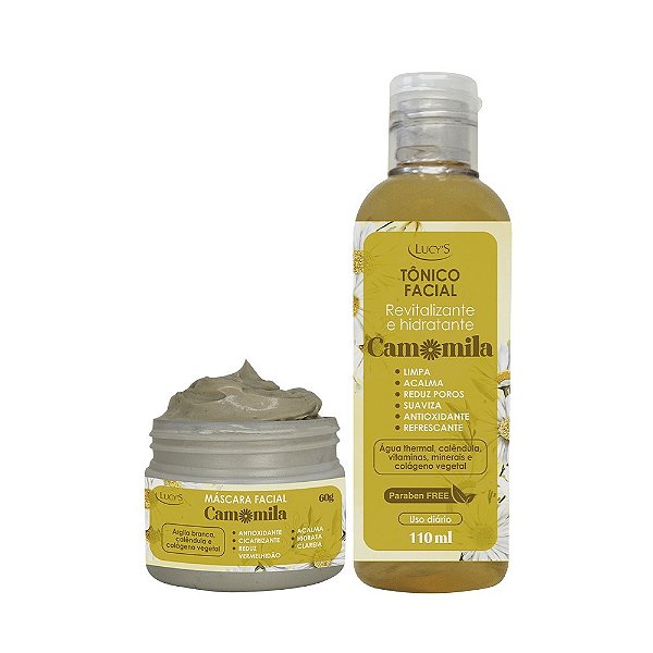 Kit Cuidado Facial -  Tônico Camomila e Máscara Facial Camomila - Hidrantante Facial e Clareador - Lucys