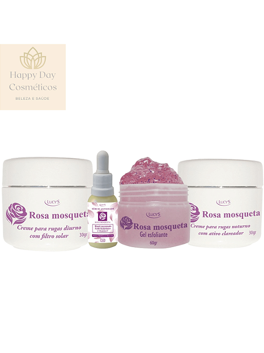 Kit Skin Care Rosa Mosqueta - Creme Com Filtro Solar Diurno, Serúm Anti-idade, Gel Esfoliante e Creme Com Ativo Clareado
