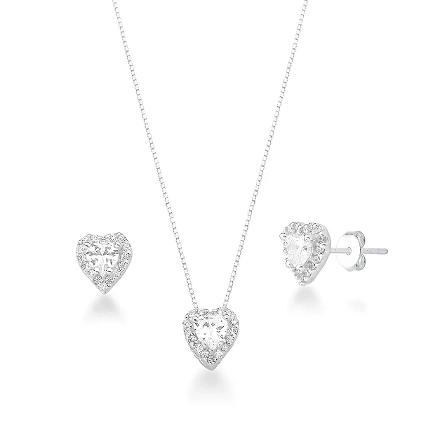 Conjunto de Brinco e Colar Coração Cravejado Luxo Prata 925 Brilliance
