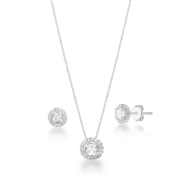 Conjunto Colar 40cm e Brinco Círculo Cristal Prata 925 Legítima Esbelta Prata
