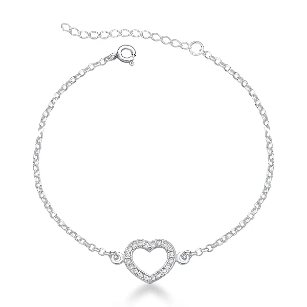 Pulseira Coração Cravejado Prata 925 Legítima Esbelta Prata