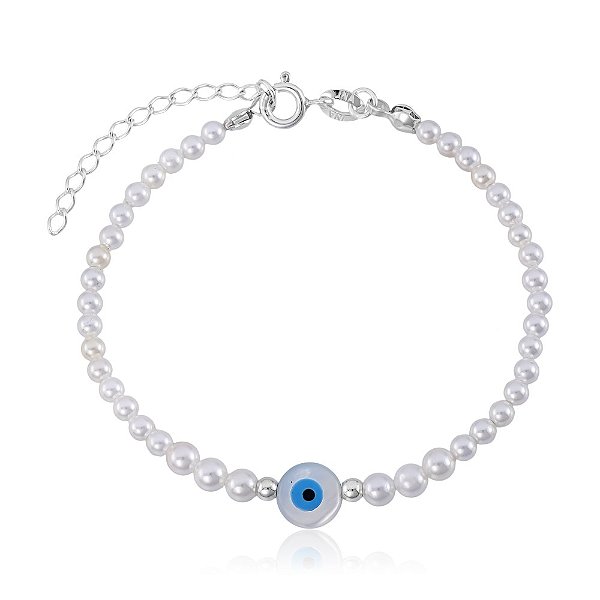 Pulseira Olho Grego Proteção com Pérolas e Bolinhas Prata 925 Legítima Esbelta Prata