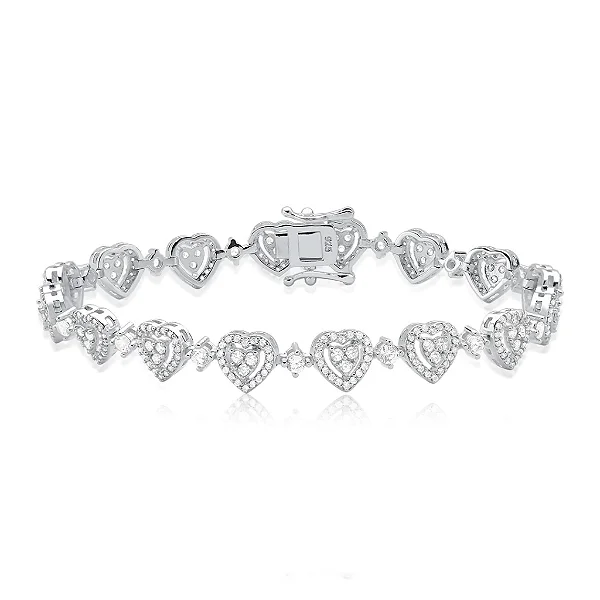 Pulseira Brilhante Corações Cravejados Riviera Luxo Prata 925 Brilliance