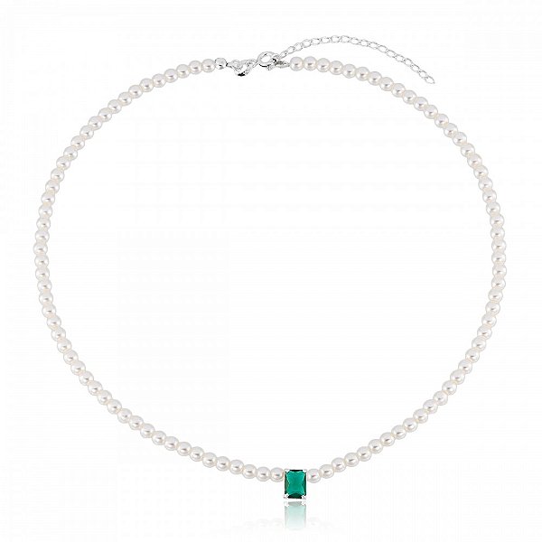 Gargantilha em Prata 925 Legítima Pérolas e Pedra Retangular Esbelta Prata