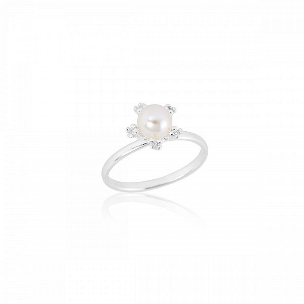 Anel Pérola Sintética com Zircônias em Prata 925 Glow Pearl