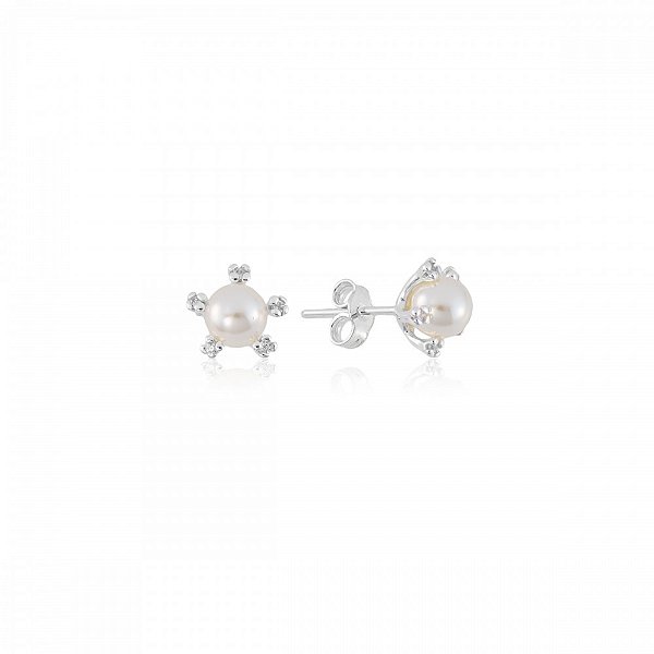 Brinco de Pérola Sintética Zircônias em Prata 925 Elegante Glow Pearl