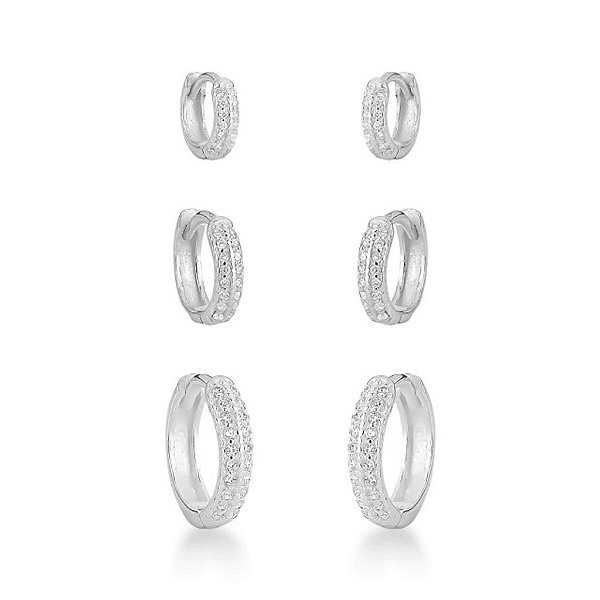 Trio de Argolas Cravejadas Duas Fileiras Luxo Prata 925 Brilliance