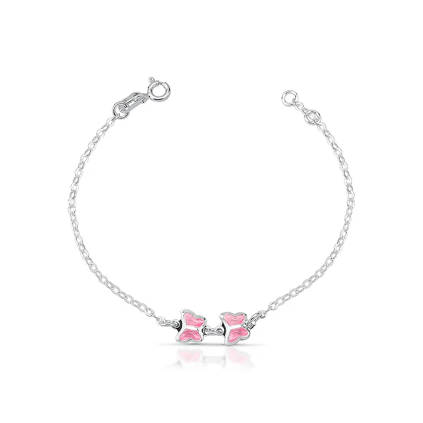 Pulseira Infantil com Borboletas Rosa em Prata 925 Legítima Esbelta Prata
