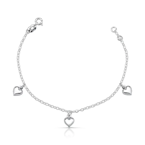 Pulseira Infantil Corações Pendurados Prata 925 Luz de Infância