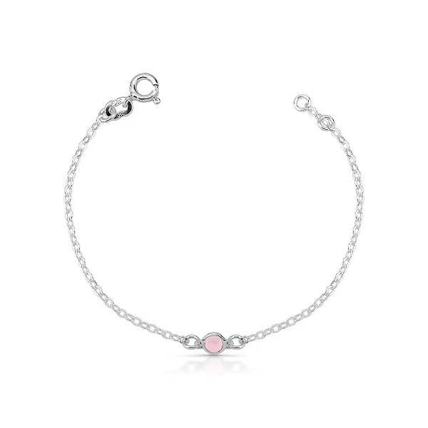 Pulseira Infantil Ponto de Luz Quartz Rosa Criança Bebê Prata 925 Mini Color
