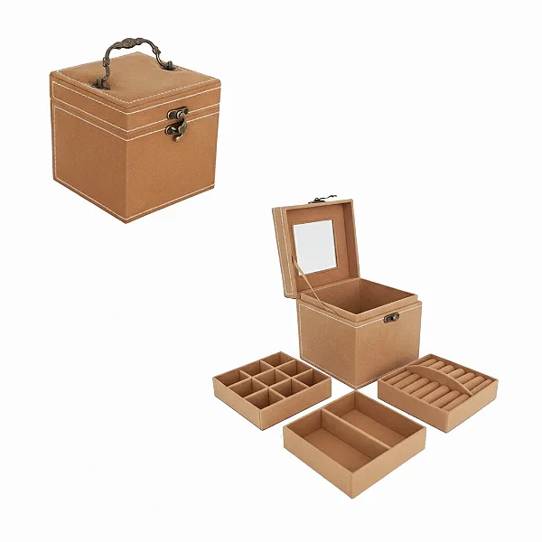 Mini Maleta Porta Jóias Bege com Espelho 3 Andares com Alça 12x12cm