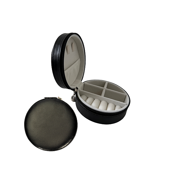 Porta Jóias Redondo em Couro com Zíper e Aveludado 9,5x4,5cm