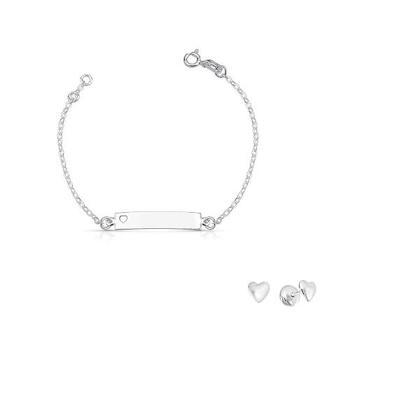 Kit Luz de Infância – Pulseira Chapinha Coração + Brinco BabyPress Coração em Prata 925