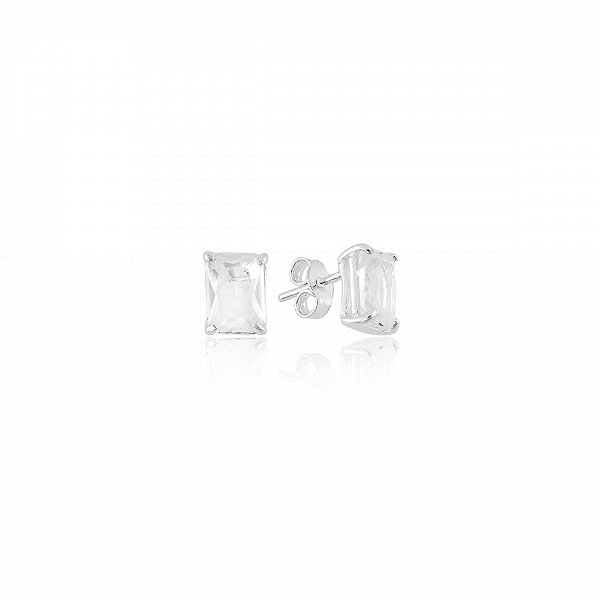 Brinco Retangular Feminino Cristal Minimalista Prata 925 Luz Viva