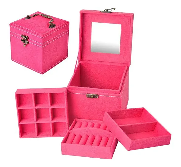 Mini Maleta Porta Jóias Rosa Pink com Espelho 3 Andares com Alça 12x12cm