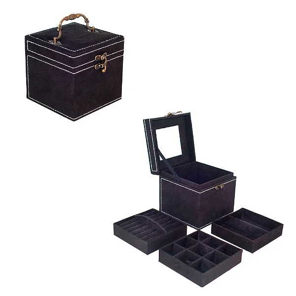 Mini Maleta Porta Jóias Black com Espelho 3 Andares com Alça 12x12cm