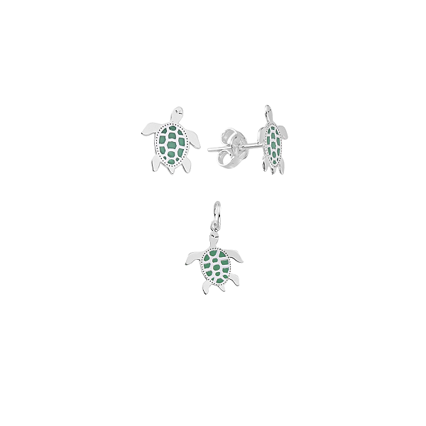 Brinco e Pingente Tartaruga Marinha Prata 925 Coleção Lua do Mar