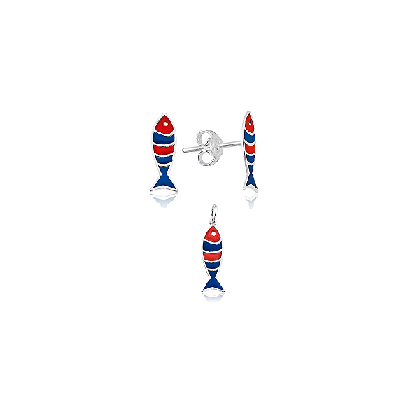Brinco e Pingente Peixe Listrado Azul e Vermelho Prata 925 Coleção Lua do Mar