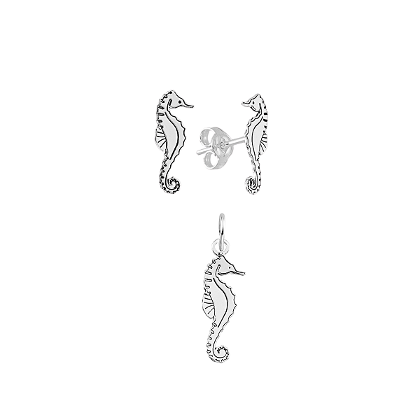 Brinco e Pingente Cavalo Marinho Prata 925 Coleção Lua do Mar