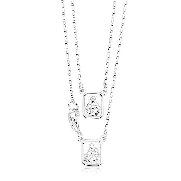 Escapulário Infantil Unissex Sagrado Coração de Jesus e Nossa Senhora do Carmo Prata 925 Sagrado