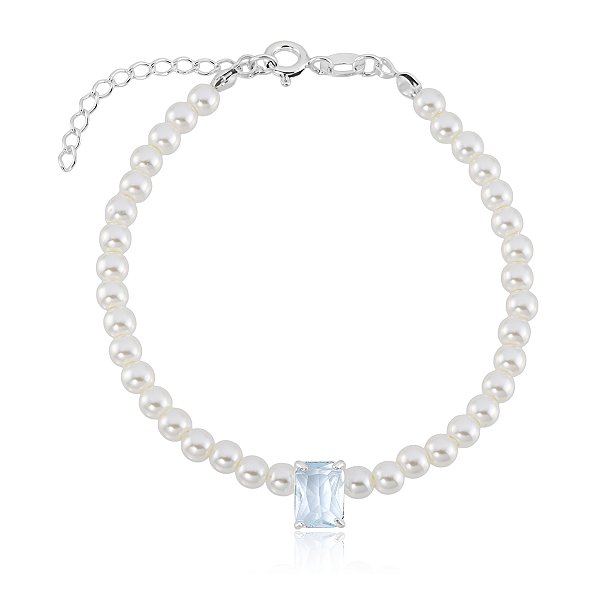 Pulseira de Pérolas com Pedra Aquamarine Prata 925 Glow Pearl