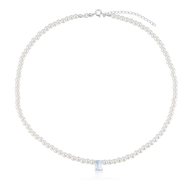 Gargantilha de Pérolas com Pedra Retangular Aquamarine Prata 925 Glow Pearl