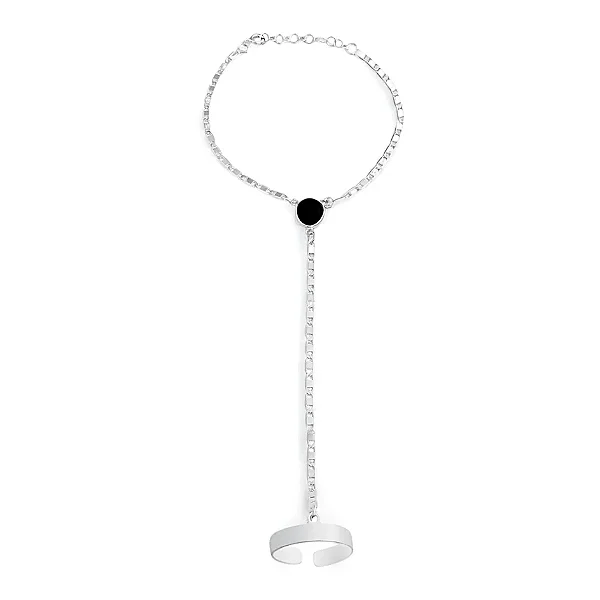Pulseira de Mão Zircônia Ônix com Anel Ajustável Prata 925