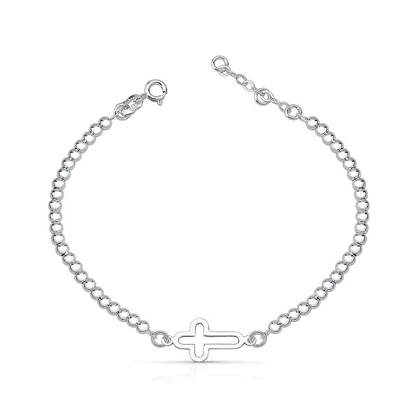 Pulseira Esferas 3mm com Cruz Vazada Lisa Prata 925 18cm Pure
