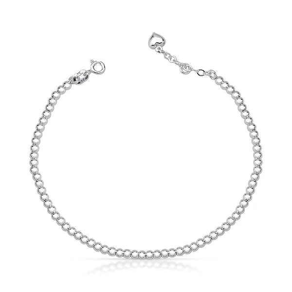Pulseira Esferas 3mm com Coração Liso Prata 925 18cm Pure