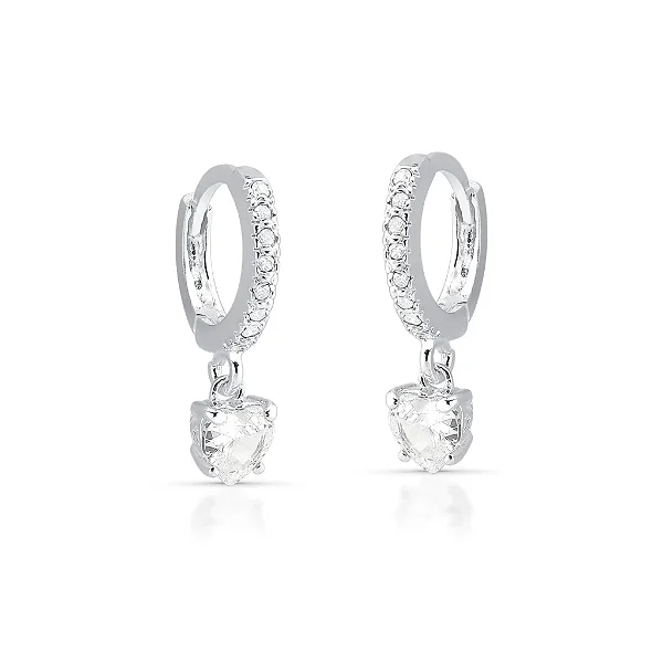 Brinco Argola Cravejado com Coração Cristal Pendurado Prata 925 Brilliance