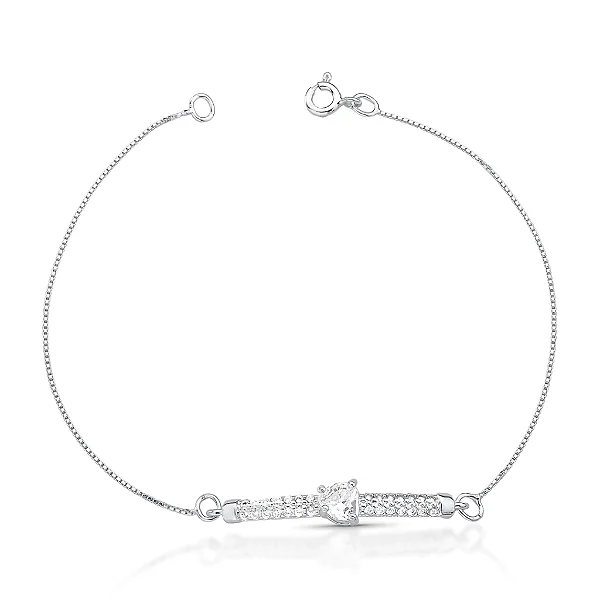 Pulseira Palito Cravejado com Coração Zircônia Prata 925 18cm Brilliance