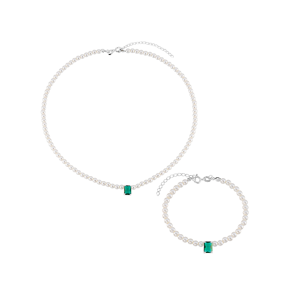 Conjunto Kit Gargantilha e Pulseira Pérolas Esmeralda Prata 925 Feminino