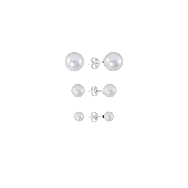 Kit 3 Brincos Pérola Shell Prata 925 6mm 8mm 10mm