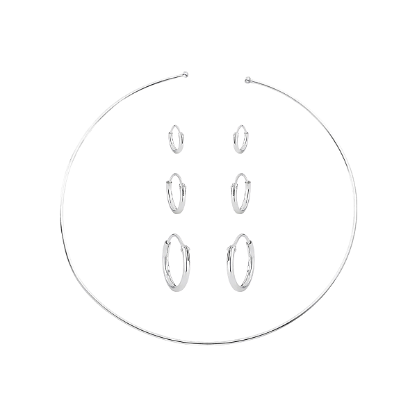 Kit Choker Lisa Regulável + Argolas Rebitadas P M G Prata 925 Minimalista