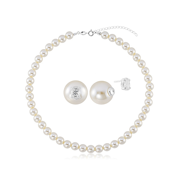 Kit Choker Pérolas 8mm 35cm + Brinco Duo Pérola com Pedra Oval Cristal Prata 925