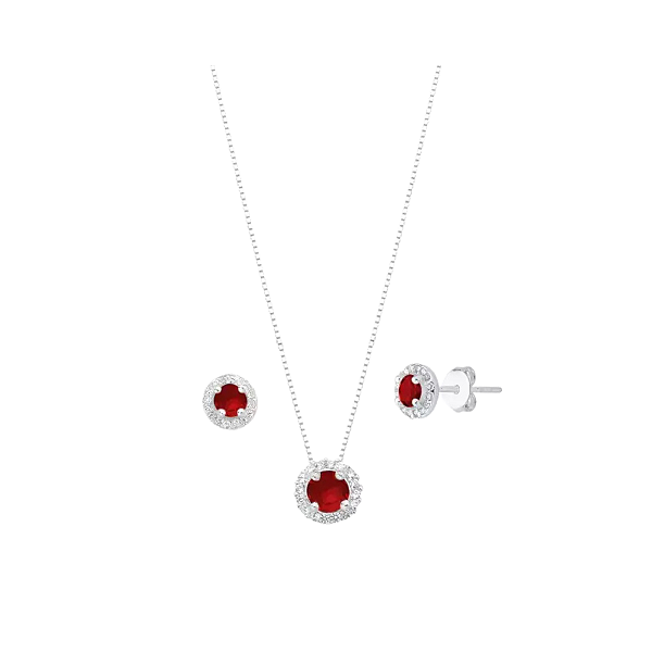 Conjunto Colar Ponto de Luz 45cm e Brinco Redondo Rubi Prata 925 Legítima Lume